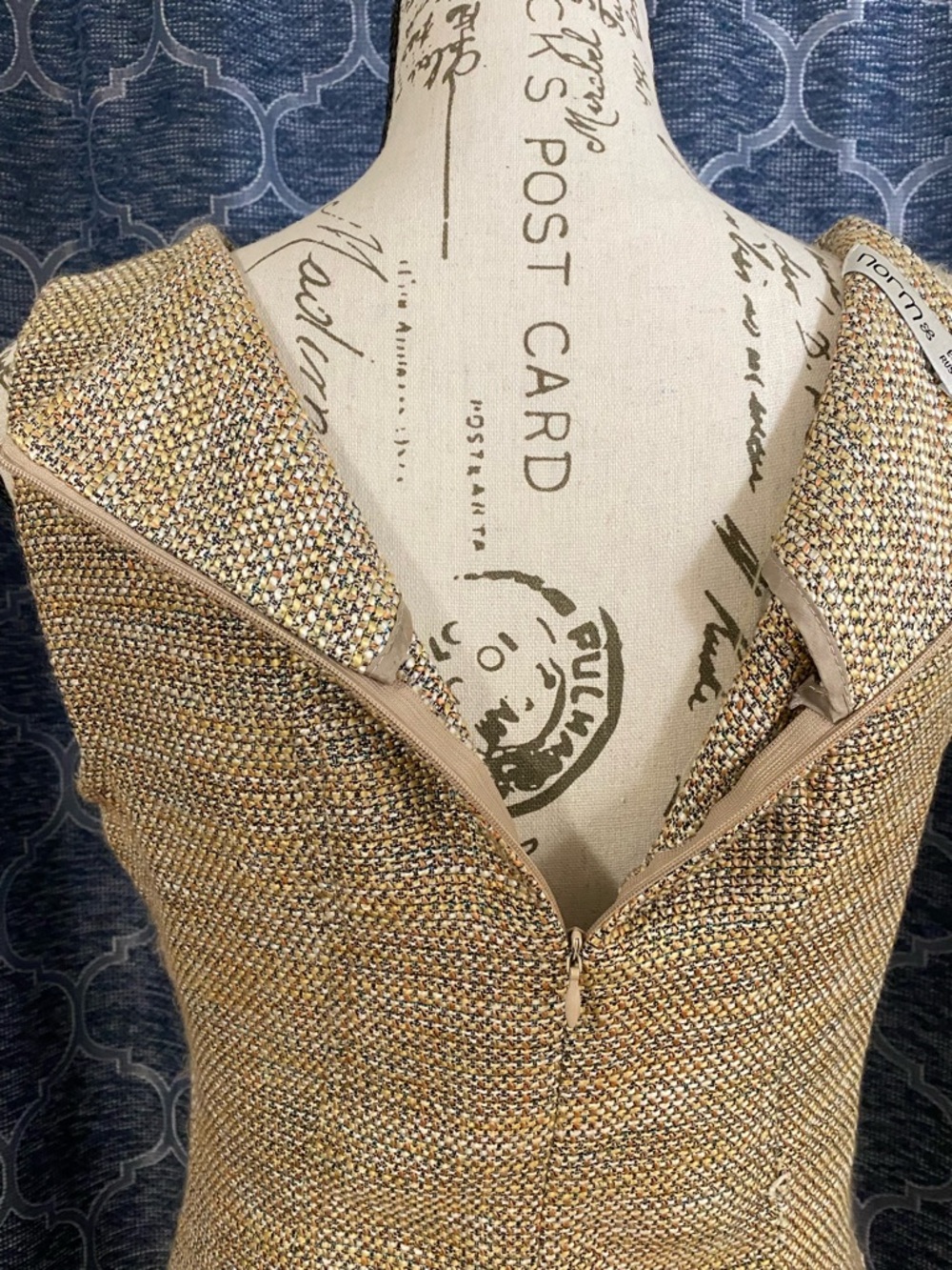 NORM Beige Vintage Tweed Mini Dress with Coral and Gold Trim - Picture 4 of 6